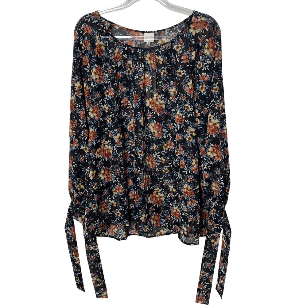 Pleione Floral Chiffon Blouse Womens 1X Black Orange Metallic Tie Cuff 507627PL‎